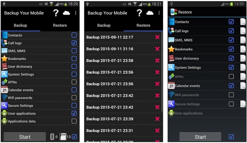 Backup Your Mobile allows a wide range of backup options